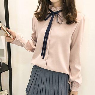 Lace Trim Tie-neck Blouse