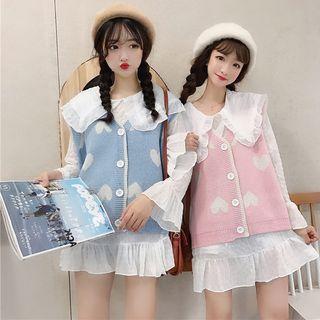 Peter Pan Collar Shirt + Heart Cardigan Knit Vest Net Set