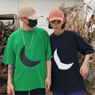 Couple Matching Elbow-sleeve Moon Print T-shirt