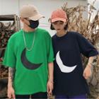 Couple Matching Elbow-sleeve Moon Print T-shirt