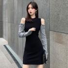 Two-tone Cold-shoulder Long-sleeve Knit Top / Mini Sheath Dress