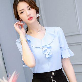 Ruffled V-neck Short-sleeve Chiffon Blouse