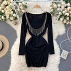 Long-sleeve Fringed Mini Bodycon Dress Black - One Size