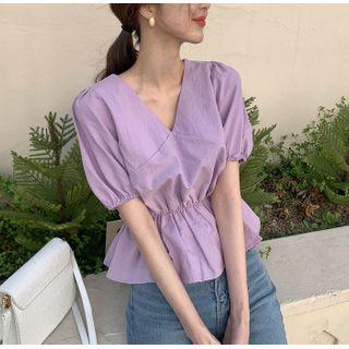 Short-sleeve Plain V-neck Blouse