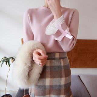 Pleated-cuff Wool Blend Knit Top