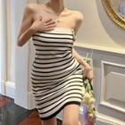 Strapless Striped Knit Mini Sheath Dress Stripe - Black & White - One Size