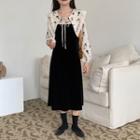 Long-sleeve Mock Two-piece Flower Print Midi Dress Black & Beige - One Size