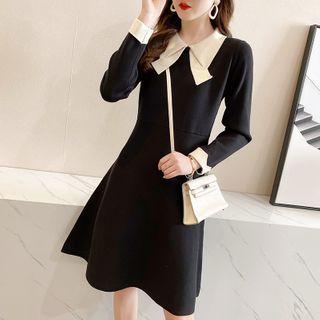 Contrast Collar Long-sleeve Knit Mini A-line Dress