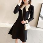 Contrast Collar Long-sleeve Knit Mini A-line Dress