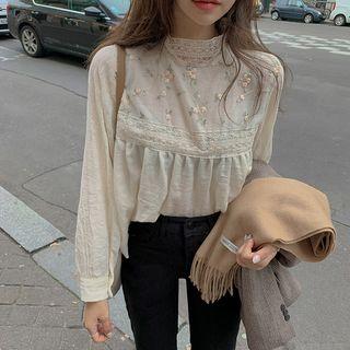Long-sleeve Lace Trim Floral Embroidered Blouse As Shown In Figure - One Size