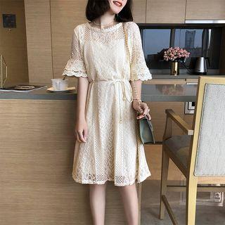 Elbow-sleeve A-line Lace Dress With Cord