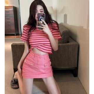 Striped Cropped T-shirt / Mini Pencil Skirt