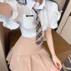 Ruffle Trim Crop Blouse / Necktie / Pleated Mini A-line Skirt / Set