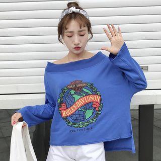 Print Off-shoulder Long-sleeve T-shirt