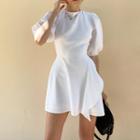 Puff Sleeve Tie-waist Plain Mini Dress