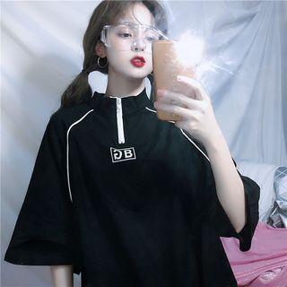 Elbow-sleeve Mock-neck Zip Placket Sweatshirt