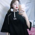 Elbow-sleeve Mock-neck Zip Placket Sweatshirt