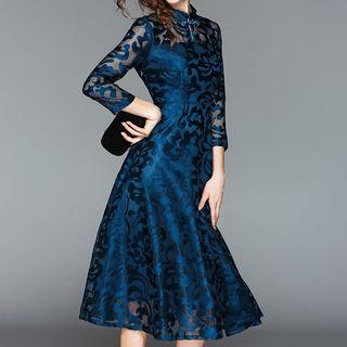 Flower Pattern 3/4-sleeve Midi A-line Dress
