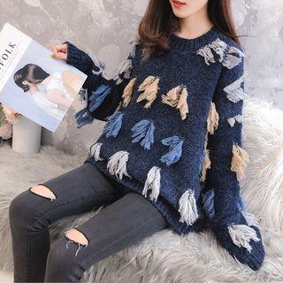 Fringed Melange Knit Sweater
