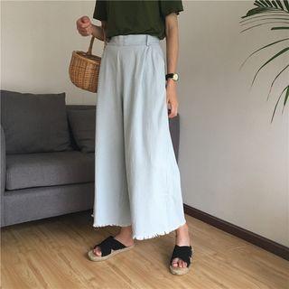 Plain High-waist Fringed Wide-leg Jeans