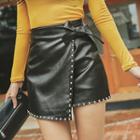 Inset Shorts Beaded Faux-leather Mini Wrap Skirt