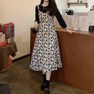 Mock Two-piece Long-sleeve Floral Print Midi A-line Dress Floral - Black & White - One Size