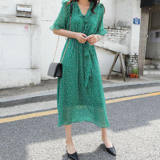 Frilled Dotted Chiffon Long Dress With Sash