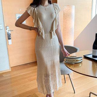 Short-sleeve Ruffle Pointelle Knit Midi Sheath Dress