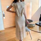 Short-sleeve Ruffle Pointelle Knit Midi Sheath Dress