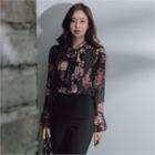 Tie-neck Pleated Floral Blouse