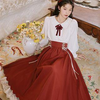 Set: Collar Ribbon Blouse + Lace Trim Maxi A-line Skirt