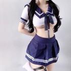Set : Short-sleeve Lapel Cropped Bow Top + High-waist Plain Short Skirt White - One Size