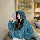 Argyle Print Ruffled Knit Hoodie Green - One Size
