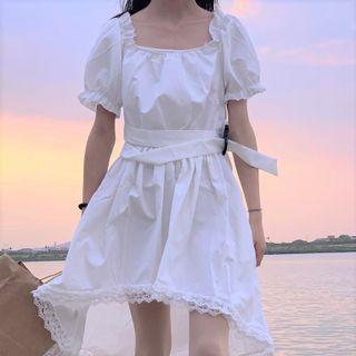 Puff-sleeve Lace Trim Ruffled A-line Dress