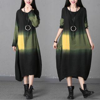 Color Block Long-sleeve A-line Midi Dress