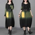 Color Block Long-sleeve A-line Midi Dress