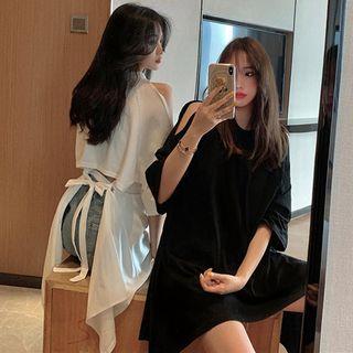 Off-shoulder Elbow-sleeve Back Lace-up T-shirt Dress
