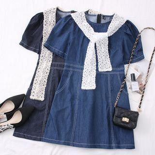 Puff-sleeve Stitched Denim Mini Dress With Lace Shawl