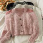 Patchwork Furry-knit Cropped Cardigan