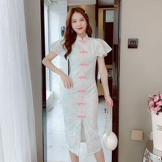 Short-sleeve Frog Button Midi Sheath Lace Dress