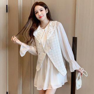 Set: Bell-sleeve Mini A-line Dress + Double-breasted Tweed Vest