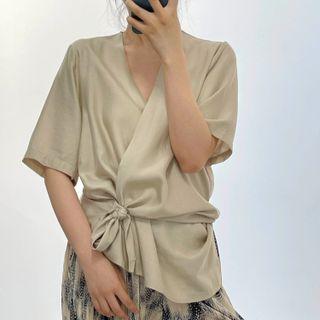 Elbow-sleeve V-neck Wrap Blouse