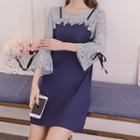 Mock Two-piece Lace Panel 3/4-sleeve Dress