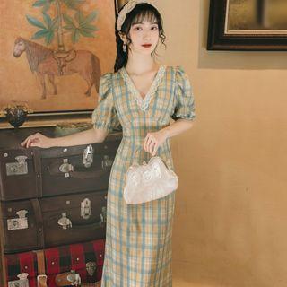 Puff-sleeve Lace Trim Plaid Midi A-line Dress