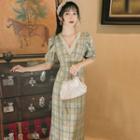 Puff-sleeve Lace Trim Plaid Midi A-line Dress