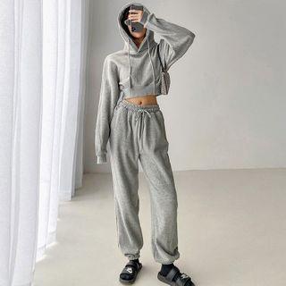 Set: Loose-fit Cropped Hoodie / Drawcord Loose Harem Pants
