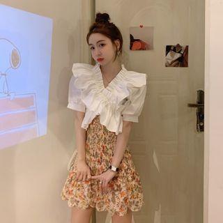 Ruffle Trim Short-sleeve Top / Floral A-line Dress