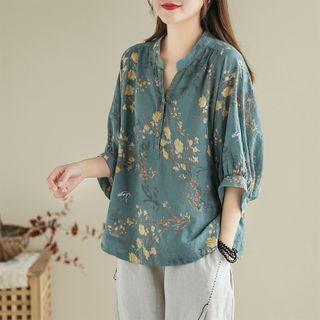 Elbow-sleeve Floral Print Henley Blouse