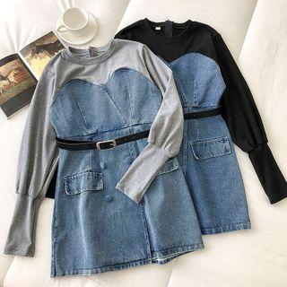 Mock Two-piece Long-sleeve Panel Denim Dress