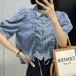 Puff-sleeve Drawstring Denim Cropped Blouse Blue - One Size